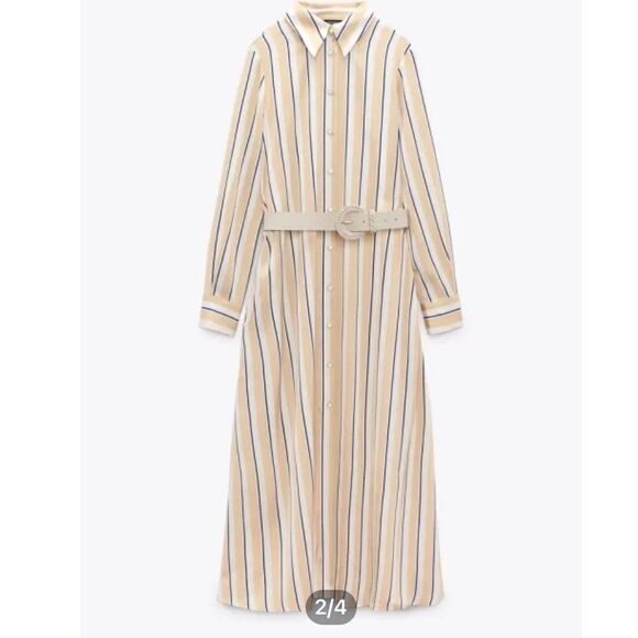 ZARA Striped Belted Midi Dress long sleeves tan,white,blue Size XS‎ NWT - Picture 2 of 9
